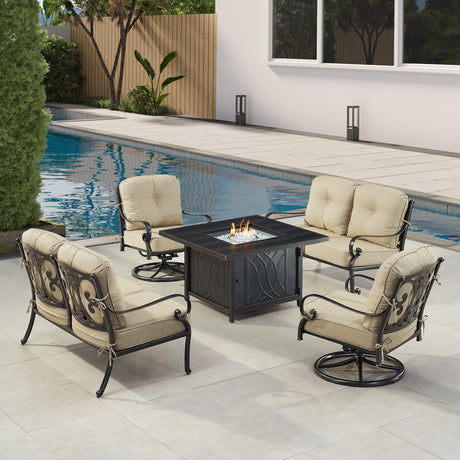 Black Aluminum Fire Table Set with Two Deep Seating Loveseat with Cushions and Two Club Chairs - Sharicks