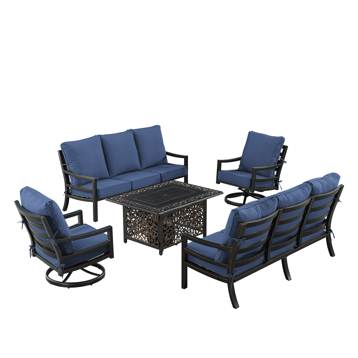 Black Aluminum Fire Table Set with Two Sofas and Two Club Chairs