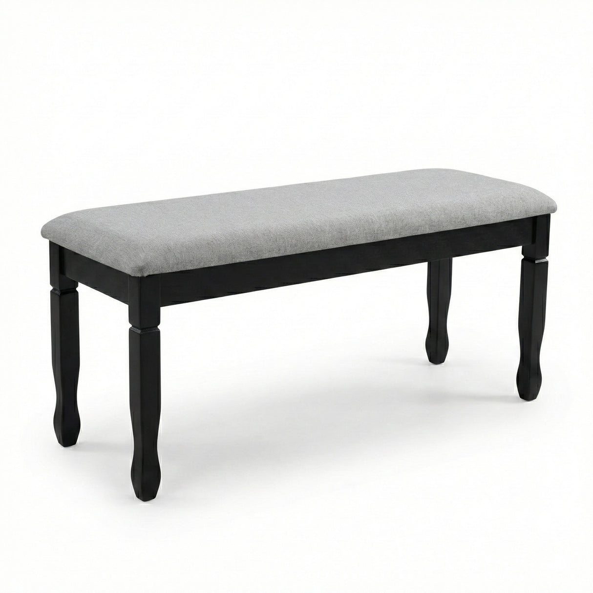 Traditional Grey Upholstered Dining Bench, Black Finish Solid Rubberwood