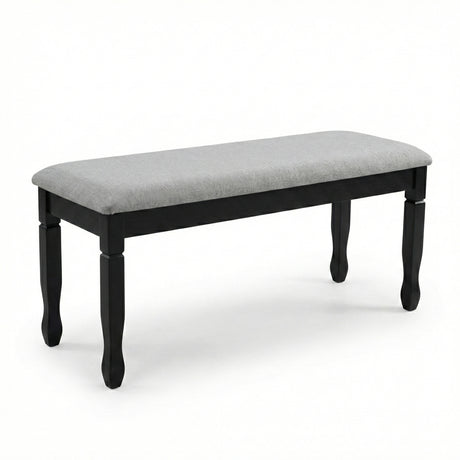 Traditional Grey Upholstered Dining Bench, Black Finish Solid Rubberwood