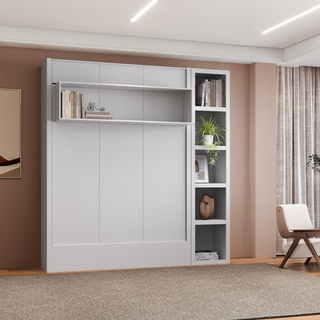 Easy-Lift Full Murphy Wall Bed in White with Bookshelf - Sharicks