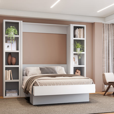 Easy-Lift Full Murphy Wall Bed in White with Two Bookshelves - Sharicks