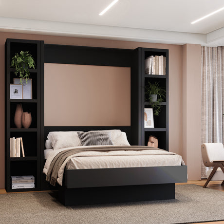 Easy-Lift Full Murphy Wall Bed in Black with Two Bookshelves - Sharicks