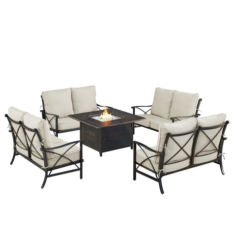 Black Aluminum Fire Table Set with Four Deep Seating Loveseat with Cushions - Sharicks