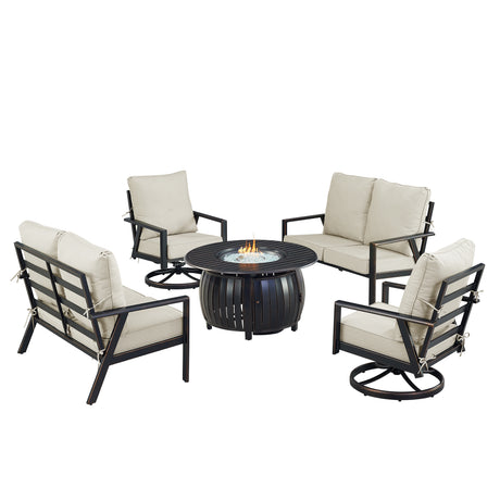 Black Aluminum Fire Table Set with Two Deep Seating Loveseat with Cushions and Two Club Chairs - Sharicks