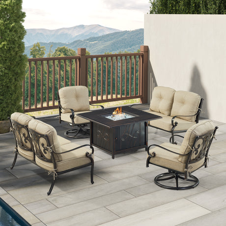 Black Aluminum Fire Table Set with Two Deep Seating Loveseat with Cushions and Two Club Chairs - Sharicks