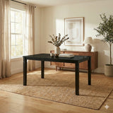 Modern 7-Piece 63 Inch Rectangular Dining Set, Black Finish with Sand Beige Polyester Upholstered Chairs, Solid Rubberwood