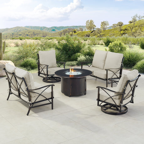 Black Aluminum Fire Table Set with Two Deep Seating Loveseat with Cushions and Two Club Chairs - Sharicks