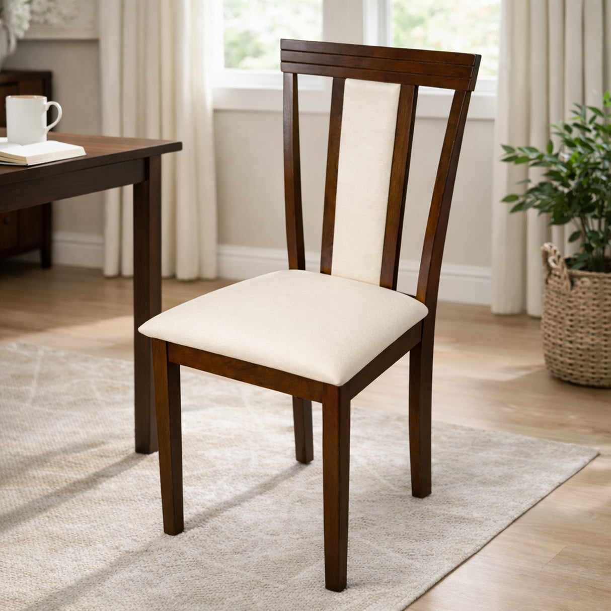 Traditional Dining Chairs, Set of 2, Dirty Oak Finish with Beige Polyester Upholstered Seats Solid Rubberwood