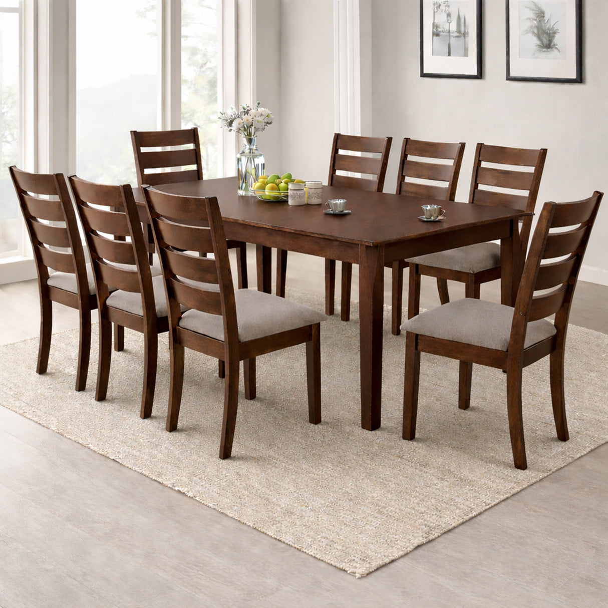 Traditional 9-Piece 78.7 Inch Rectangular Dining Set, Dirty Oak Finish with Greige Polyester Upholstered Chairs, Solid Rubberwood