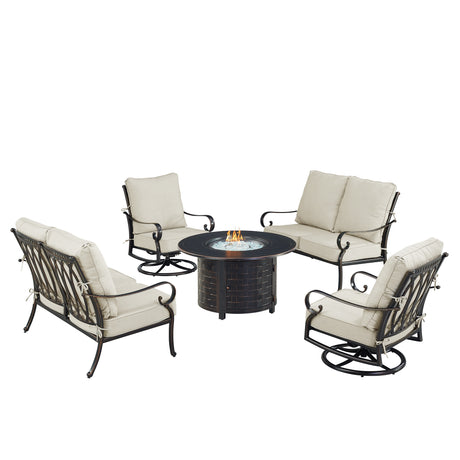 Black Aluminum Fire Table Set with Two Loveseats and Two Club Chairs - Sharicks