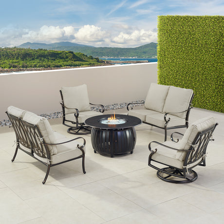 Black Aluminum Fire Table Set with Two Loveseats and Two Club Chairs - Sharicks