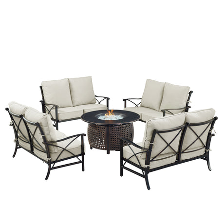 Black Aluminum Fire Table Set with Four Deep Seating Loveseat with Cushions - Sharicks