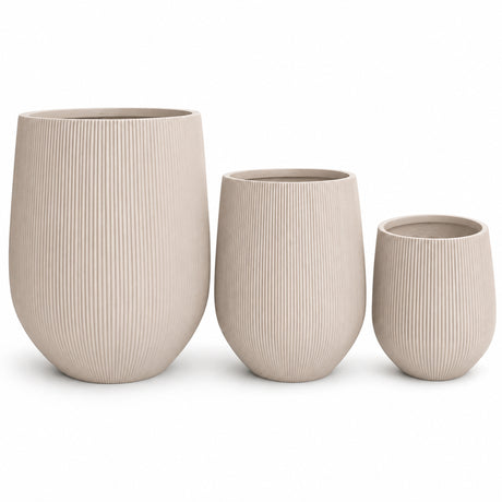 Set of 3 Fluted Round Polystone Indoor/Outdoor Planters, Sand