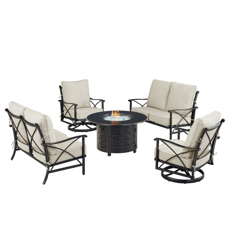 Black Aluminum Fire Table Set with Two Deep Seating Loveseat with Cushions and Two Club Chairs - Sharicks