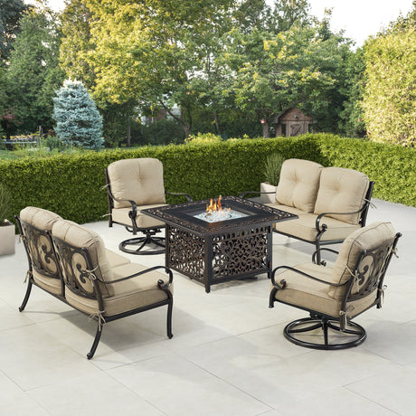 Black Aluminum Fire Table Set with Two Deep Seating Loveseat with Cushions and Two Club Chairs - Sharicks