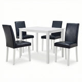 Modern 5-Piece 43.3 Inch Rectangular Dining Set, White Finish with Black PU Leather Upholstered Chairs, Solid Rubberwood