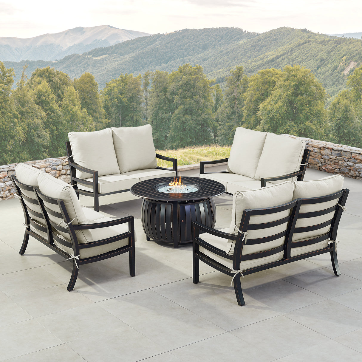 Black Aluminum Fire Table Set with Four Deep Seating Loveseats