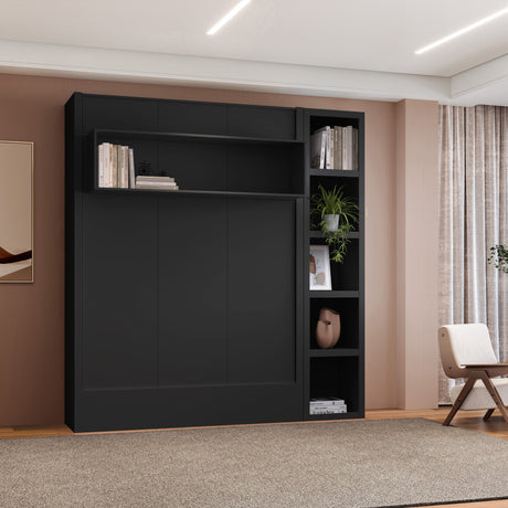 Easy-Lift Full Murphy Wall Bed in Black with Bookshelf - Sharicks