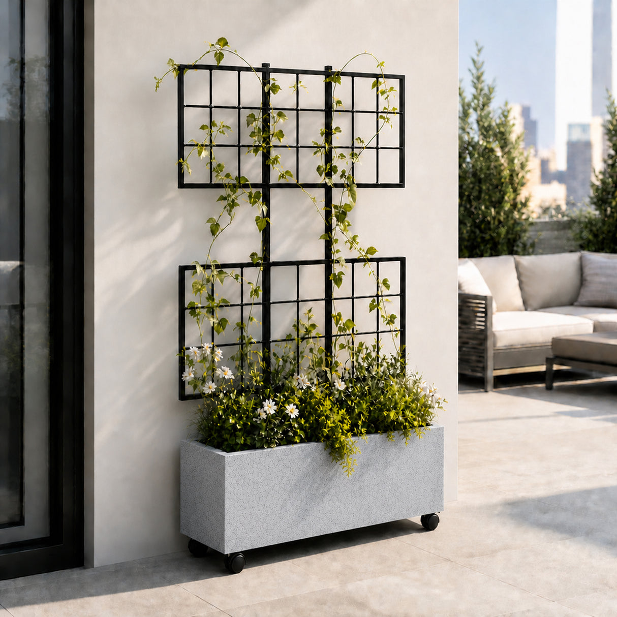 Smooth Rectangular Polystone Planter with Steel Trellis and Wheels, Gray