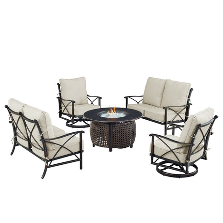 Black Aluminum Fire Table Set with Two Deep Seating Loveseat with Cushions and Two Club Chairs - Sharicks