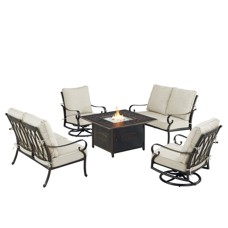 Black Aluminum Fire Table Set with Two Loveseats and Two Club Chairs - Sharicks