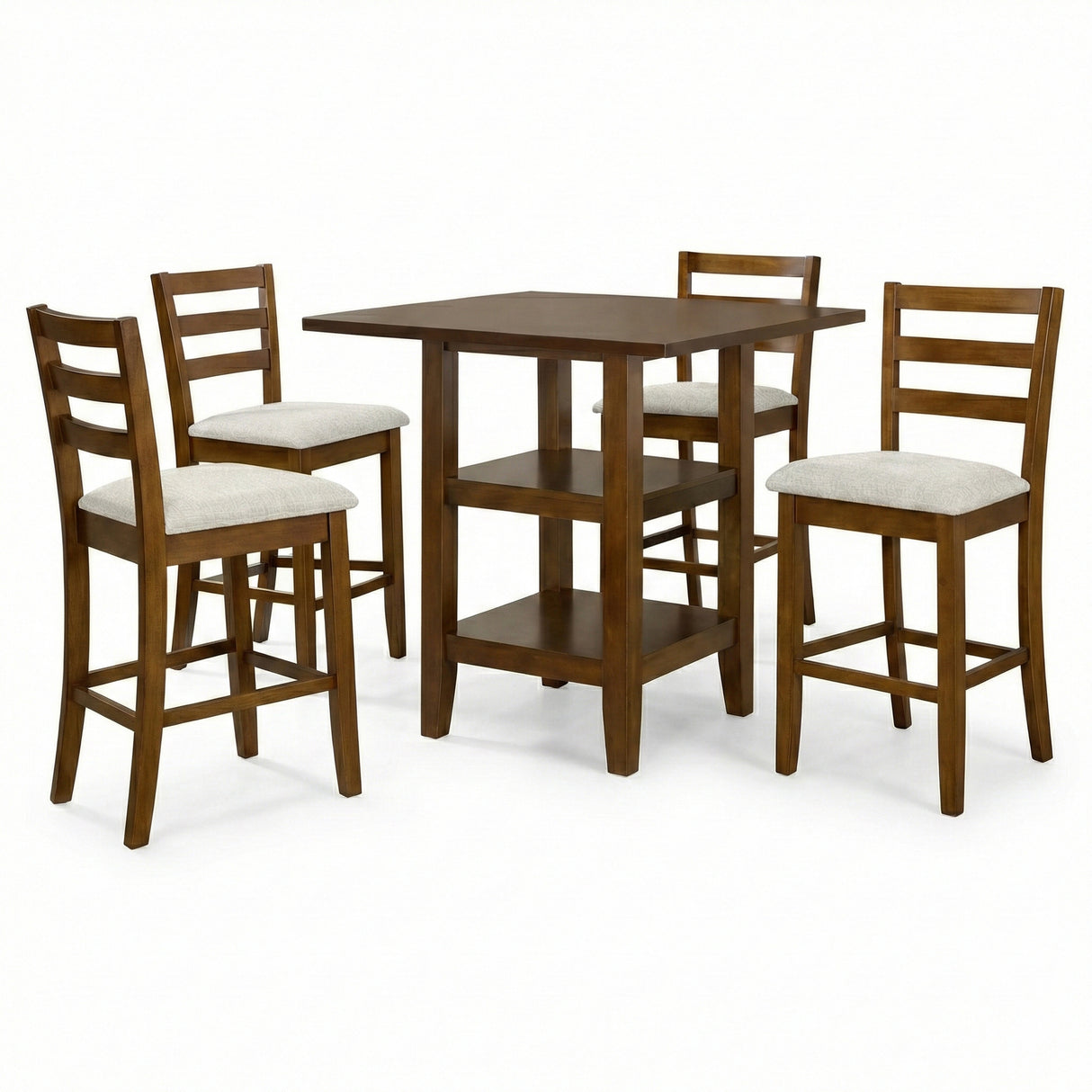 Modern 5-Piece 41.3 Inch Square Counter Height Dining Set, Dirty Oak Finish with Greige Polyester Upholstered Bar Stools, Solid Rubberwood