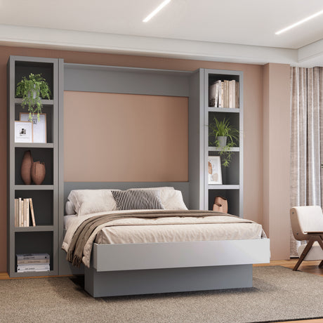 Easy-Lift Full Murphy Wall Bed in Grey with Two Bookshelves - Sharicks