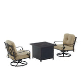 Black Aluminum Fire Table Bistro Set with Two Club Chairs