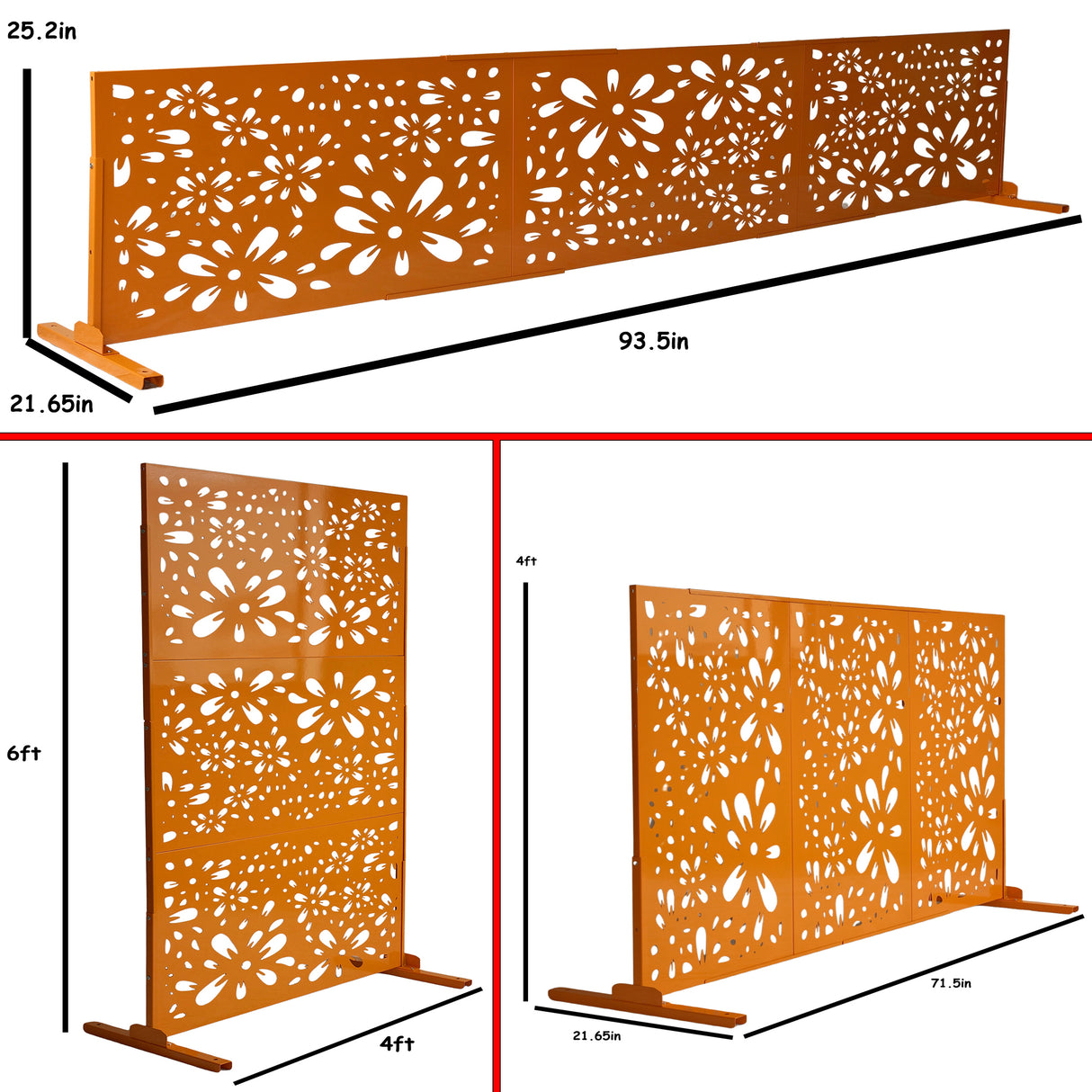 6 ft. X 4 ft. Orange Freestanding Metal Privacy Screen Room Divider