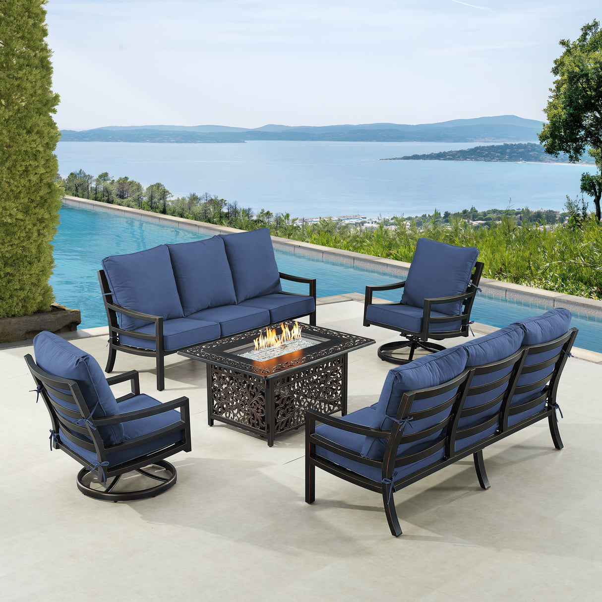 Black Aluminum Fire Table Set with Two Sofas and Two Club Chairs