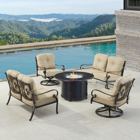 Black Aluminum Fire Table Set with Two Deep Seating Loveseat with Cushions and Two Club Chairs - Sharicks