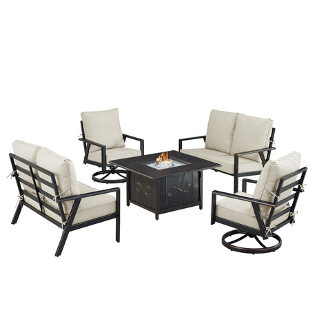 Black Aluminum Fire Table Set with Two Deep Seating Loveseat with Cushions and Two Club Chairs - Sharicks