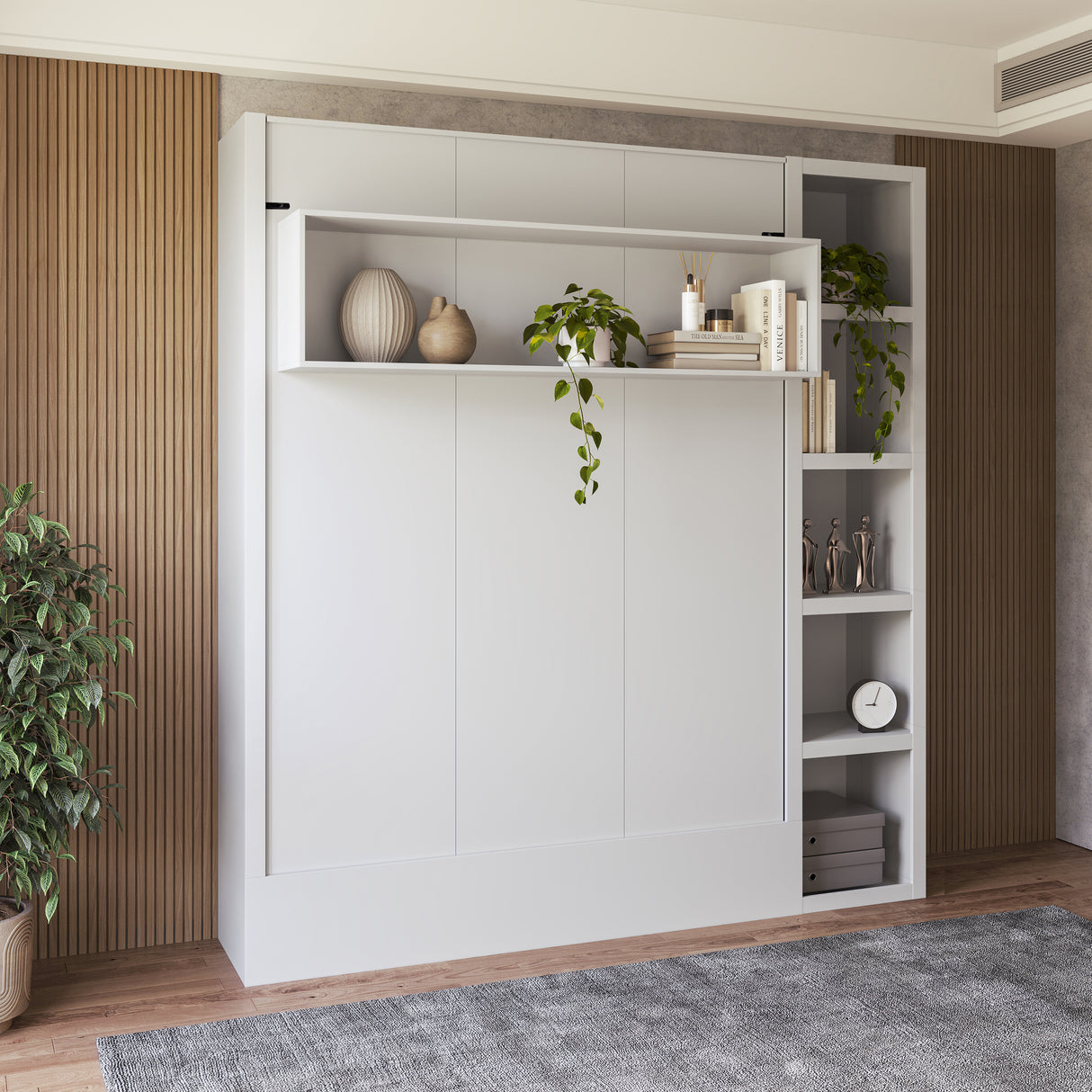 Easy-Lift Queen Murphy Wall Bed in White with Bookshelf - Sharicks