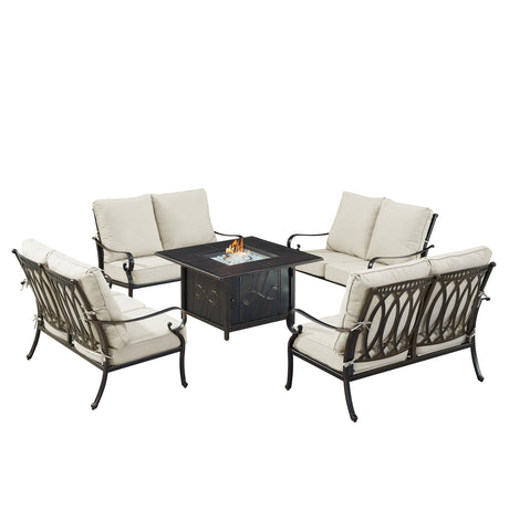 Black Aluminum Fire Table Set with Four Deep Seating Loveseats - Sharicks