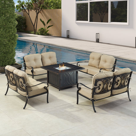 Black Aluminum Fire Table Set with Four Deep Seating Loveseat with Cushions - Sharicks