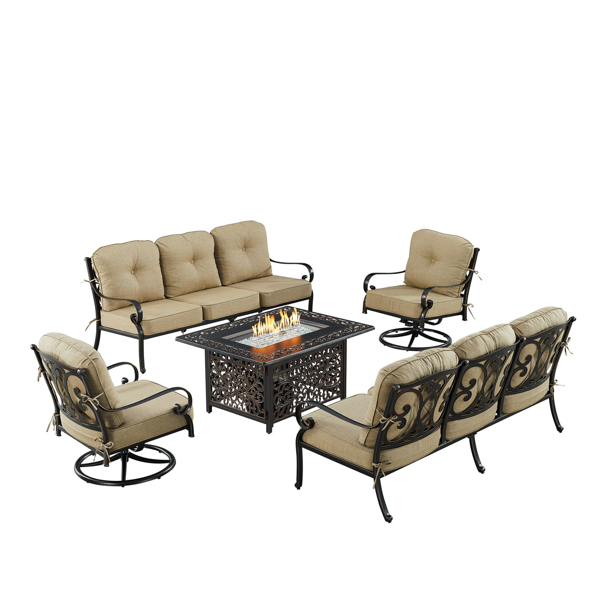 Black Aluminum Fire Table Set with Two Deep Seating Sofa with Cushions and Two Club Chairs