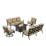 Black Aluminum Fire Table Set with Two Deep Seating Sofa with Cushions and Two Club Chairs