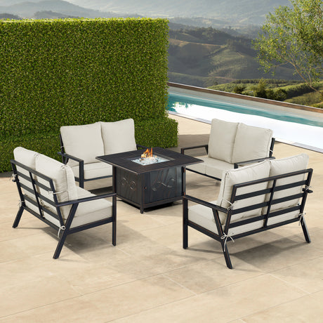 Black Aluminum Fire Table Set with Four Deep Seating Loveseat with Cushions - Sharicks