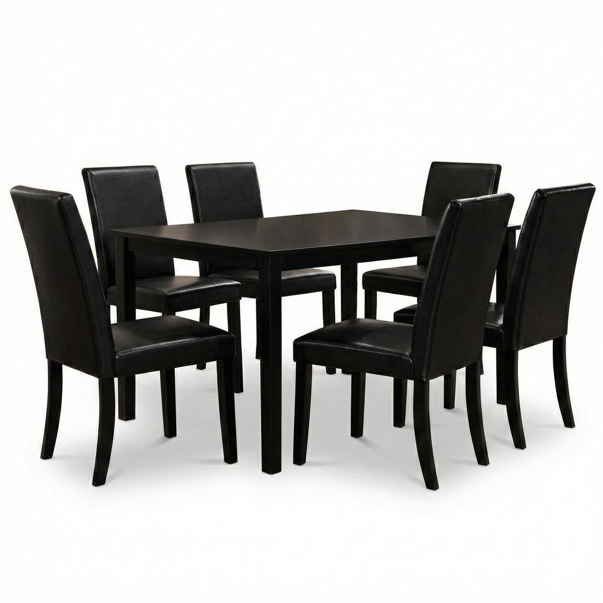 Modern 7-Piece 59 Inch Rectangular Dining Set, Black Finish with Black PU Leather Upholstered Chairs, Solid Rubberwood