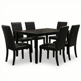 Modern 7-Piece 59 Inch Rectangular Dining Set, Black Finish with Black PU Leather Upholstered Chairs, Solid Rubberwood