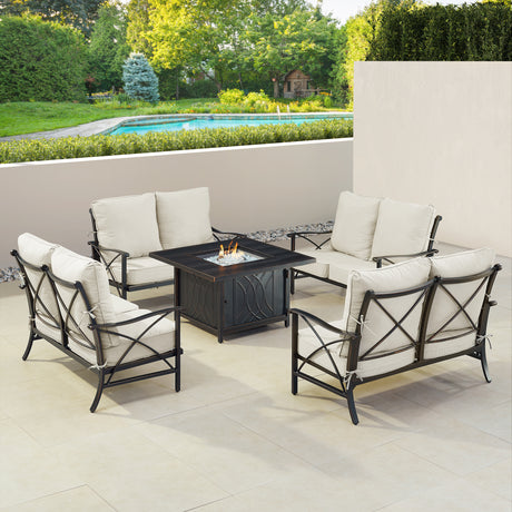 Black Aluminum Fire Table Set with Four Deep Seating Loveseat with Cushions - Sharicks