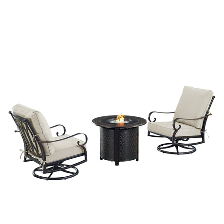 Black Aluminum Fire Table Bistro Set with Two Club Chairs