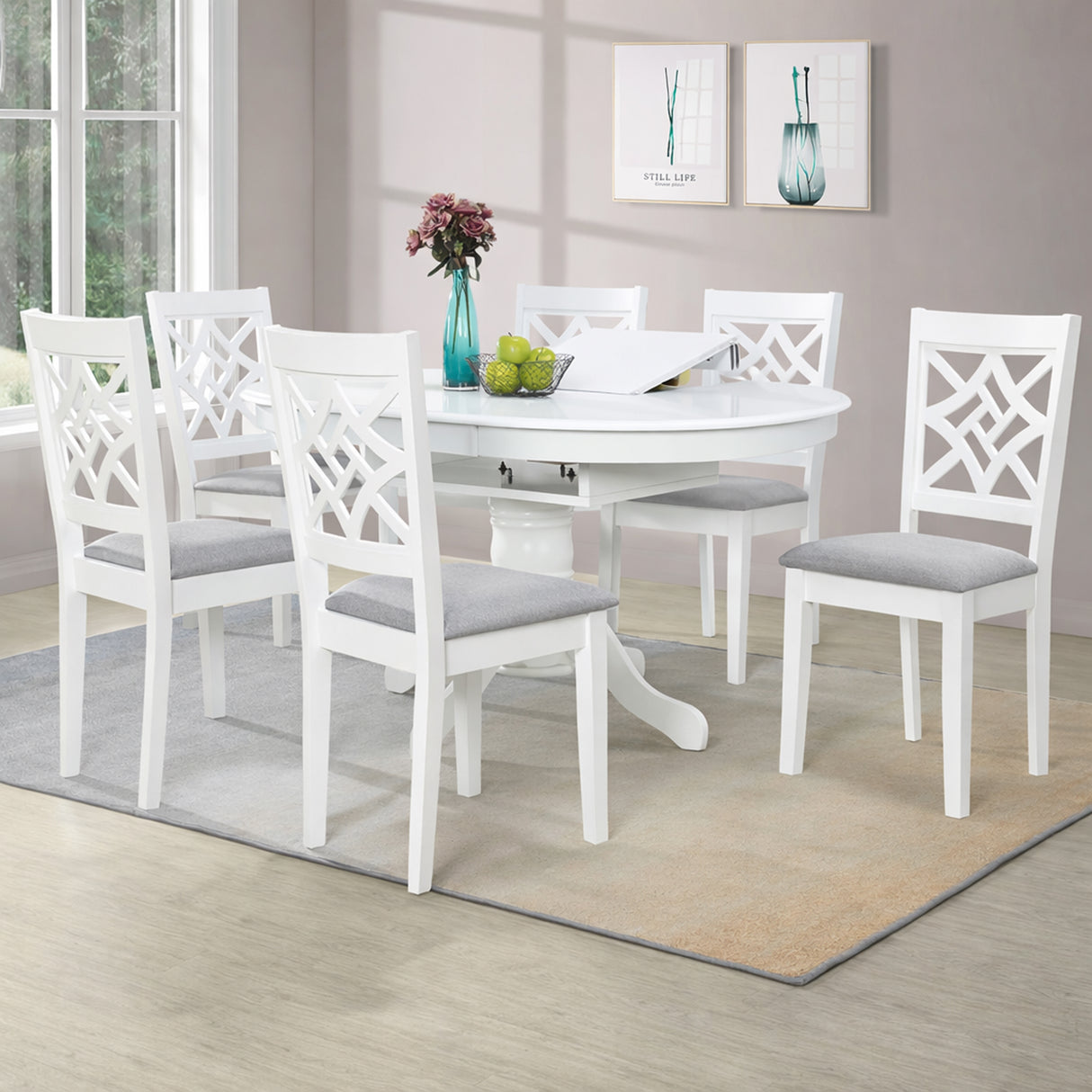 Farmhouse 7-Piece 60 Inch Oval Extendable Dining Set, White Finish with Grey Polyester Upholstered Chairs, Solid Rubberwood