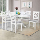 Farmhouse 7-Piece 60 Inch Oval Extendable Dining Set, White Finish with Grey Polyester Upholstered Chairs, Solid Rubberwood