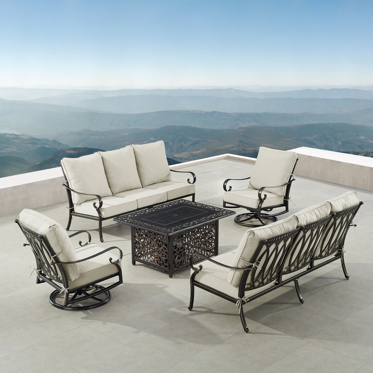 Black Aluminum Fire Table Set with Two Sofas and Two Club Chairs