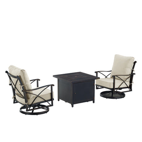 Black Aluminum Fire Table Bistro Set with Two Club Chairs