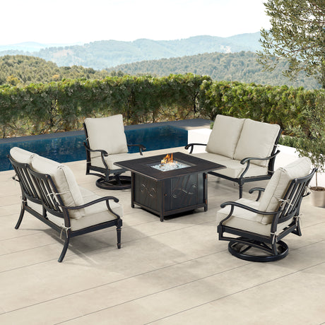 Black Aluminum Fire Table Set with Two Loveseats and Two Club Chairs - Sharicks