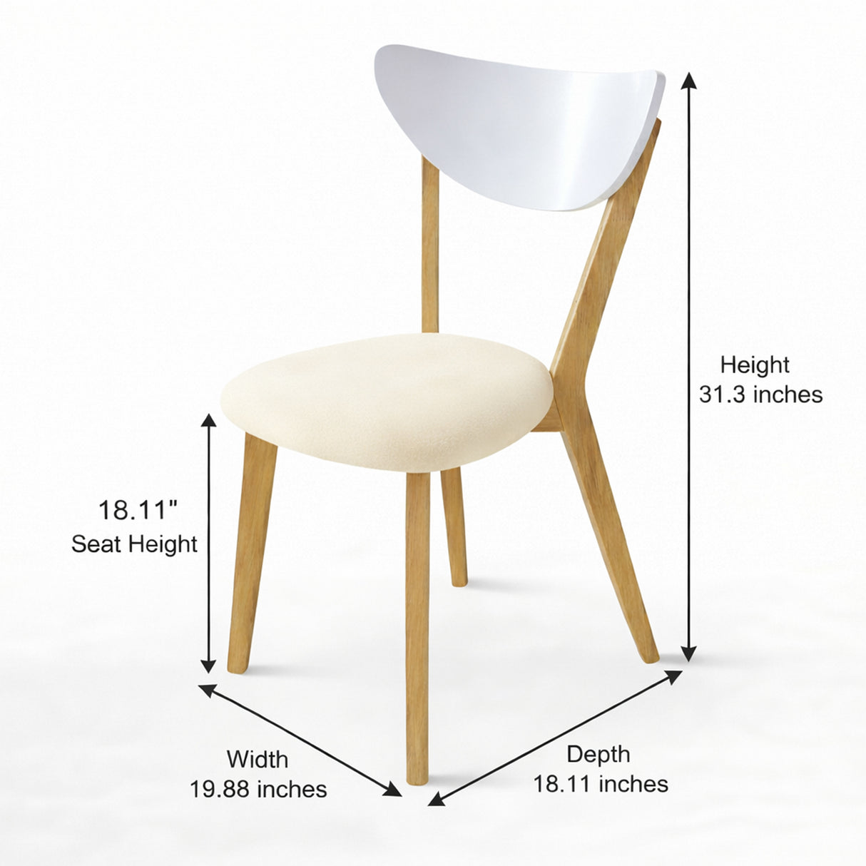 Modern Dining Chairs, Set of 2, White/Natural Finish with Beige Polyester Upholstered Seats Solid Rubberwood