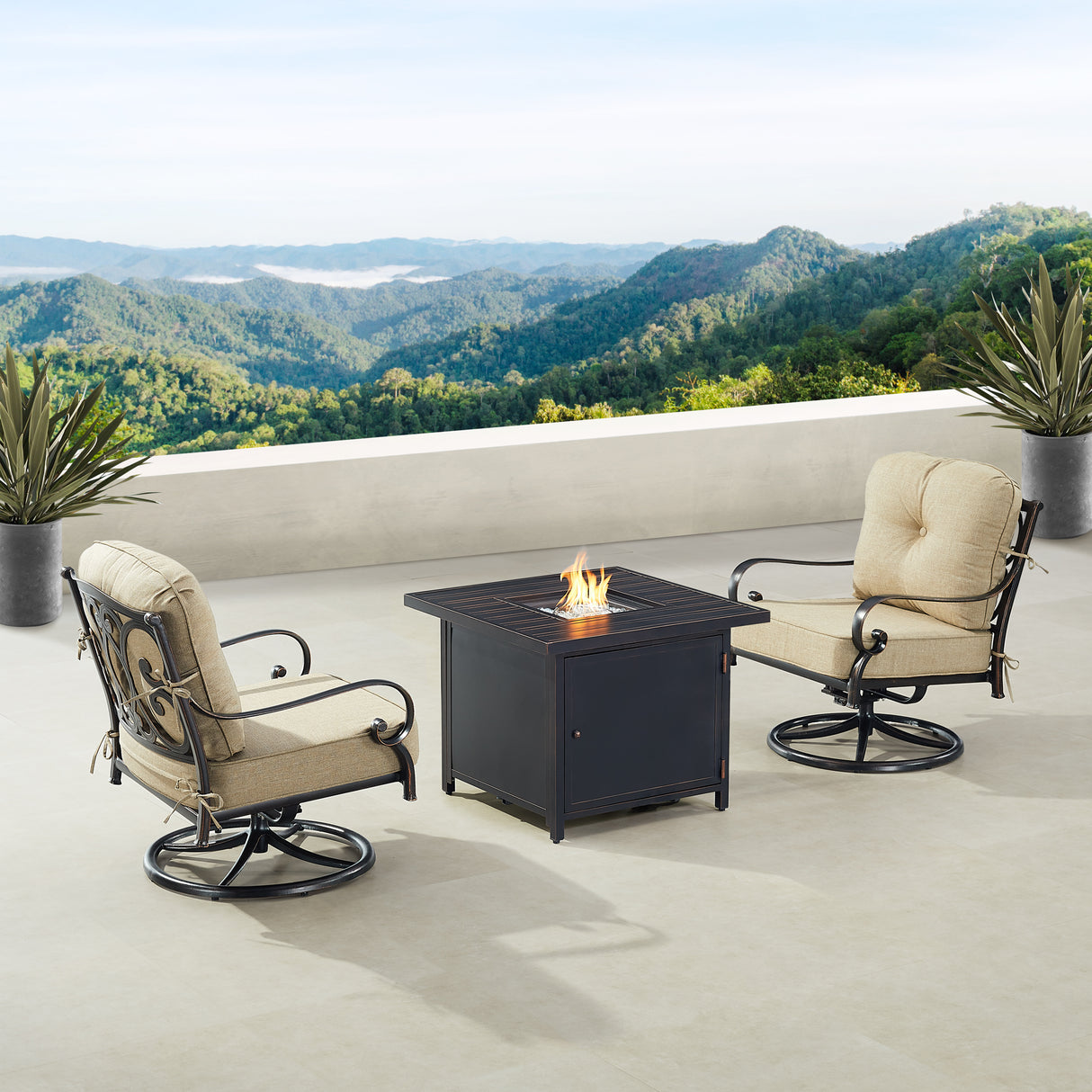 Black Aluminum Fire Table Bistro Set with Two Club Chairs